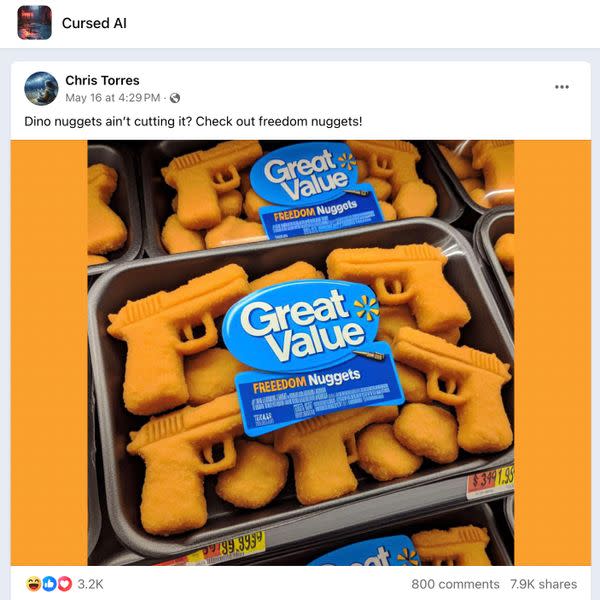 A picture purportedly showed Walmart was selling chicken nuggets in the shape of small pistols or guns named Great Value Freedom Nuggets.