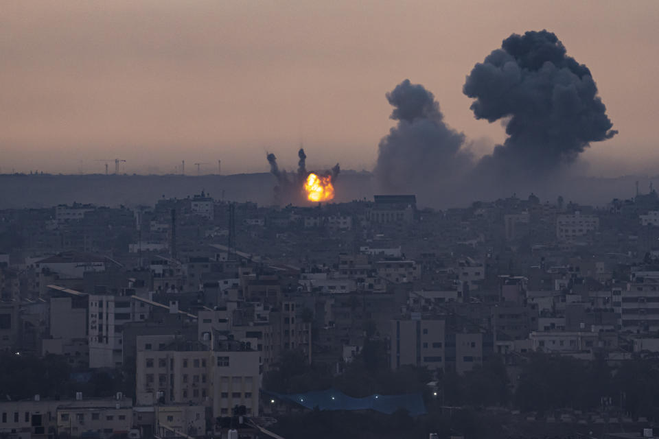 Smoke rises after the Israeli air strike in the Gaza Strip on Monday, Oct. 9, 2023. Israel's military battled to drive Hamas fighters out of southern towns and seal its borders Monday as it pounded the Gaza Strip. (AP Photo/Fatima Shbair)
