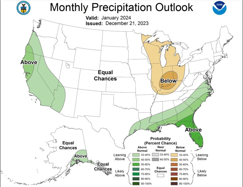 Conditions are expected to be a bit wetter than normal in the West across January.