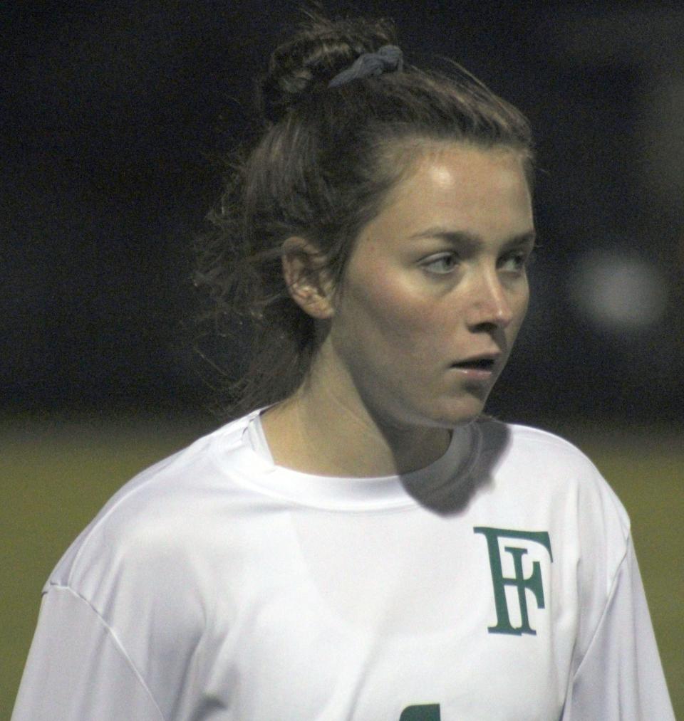 Fleming Island forward Gianna Gardner (4) watches the ball during an FHSAA District 3-6A high school girls soccer semifinal at Fletcher on January 27, 2023. [Clayton Freeman/Florida Times-Union]