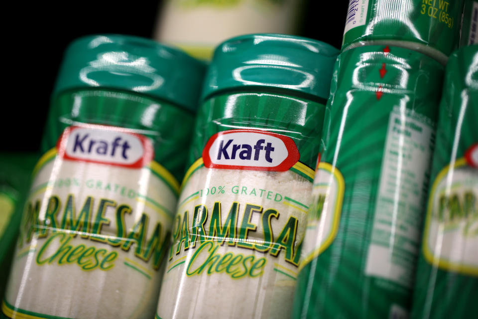 SAN RAFAEL, CALIFORNIA - FEBRUARY 22: Packages of Kraft parmesan cheese are displayed on a grocery store shelf on February 22, 2019 in San Rafael, California. Kraft Heinz Co., maker of Kraft and Oscar Meyer products, reported a $12.6 billion fourth quarter loss and announced an Securities and Exchange Commission investigation into accounting policies with vendor agreements. The company also said it will cut its quarterly dividend by 36 percent. The company's stock plummeted 28 percent on the news. (Photo by Justin Sullivan/Getty Images)