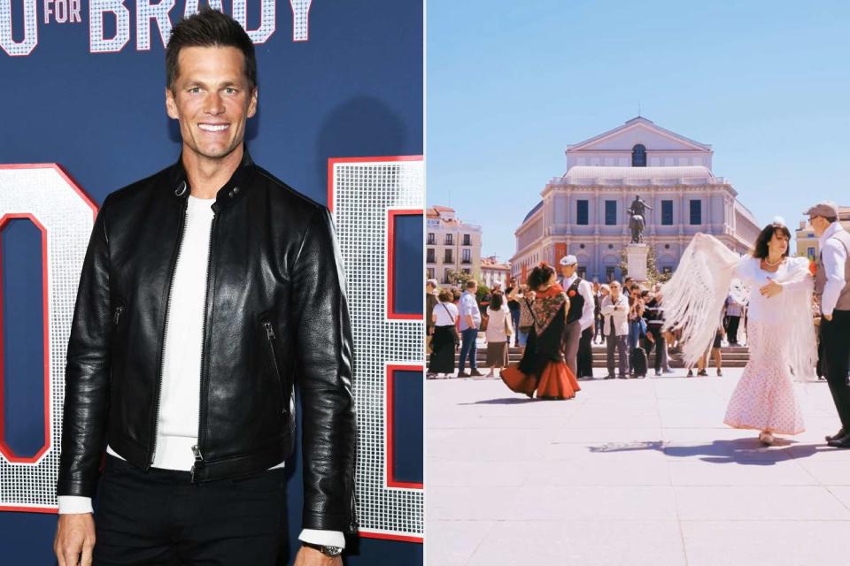 <p>Jon Kopaloff/Getty; Tom Brady/Instagram</p> Tom Brady shared a scene from his trip to Madrid