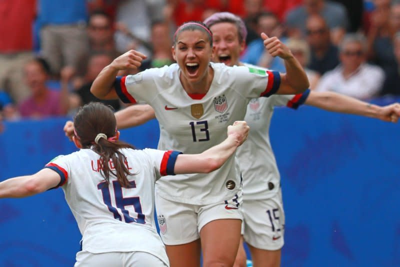 Alex Morgan (C) won two World Cups and a gold medal with the United States Women's National Tea. File Photo by David Silpa/UPI