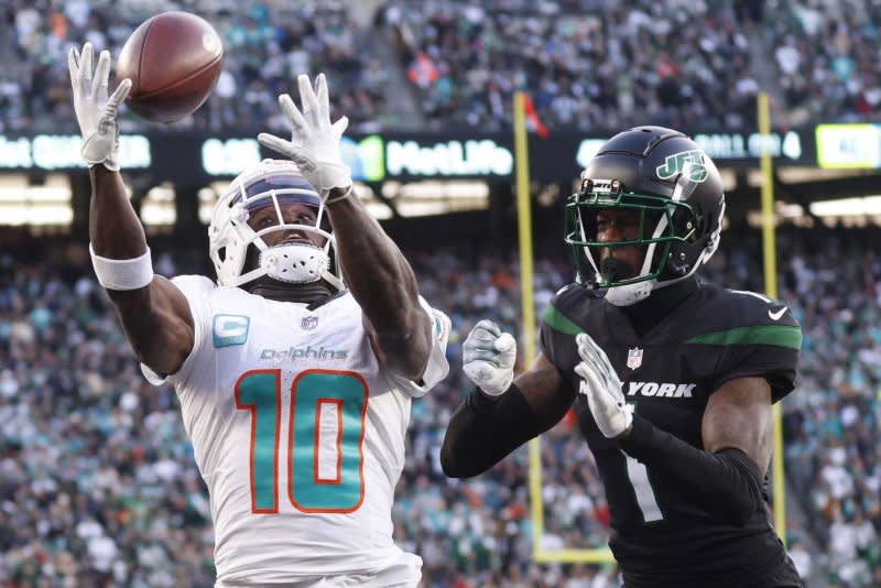 Miami Dolphins wide receiver Tyreek Hill (L) is my No. 2 fantasy football play in Week 14. File Photo by John Angelillo/UPI