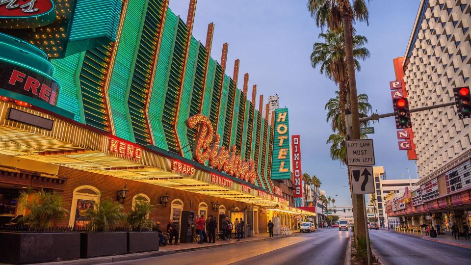 Las Vegas, USA - January 3, 2018 : Binion's Gambling Hall on Fremont Street with many neon lights and tourists.