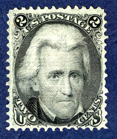 Also known as the ‘Black Jack,’ the two-cent Andrew Jackson stamp was issued from 1863 to 1869. <a href="https://www.gettyimages.com/detail/news-photo/2c-andrew-jackson-re-issue-single-1875-unused-perf-12-news-photo/1338660042?adppopup=true" rel="nofollow noopener" target="_blank" data-ylk="slk:Heritage Images/Hulton Archive via Getty Images;elm:context_link;itc:0;sec:content-canvas" class="link ">Heritage Images/Hulton Archive via Getty Images</a>