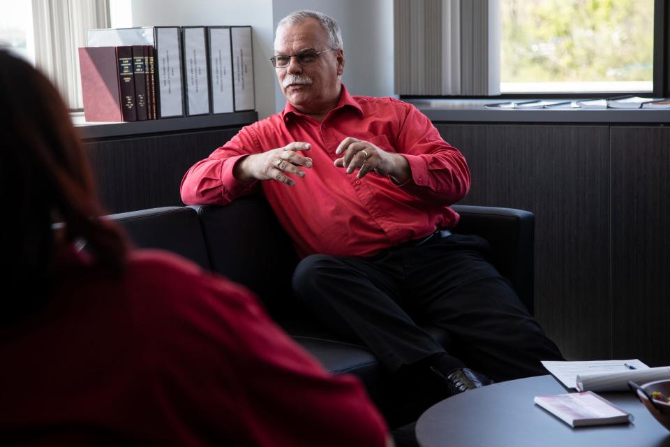 Mike Booth, UAW vice president, speaks during a Free Press interview at his office in Solidarity House in Detroit on Wednesday, May 10, 2023.