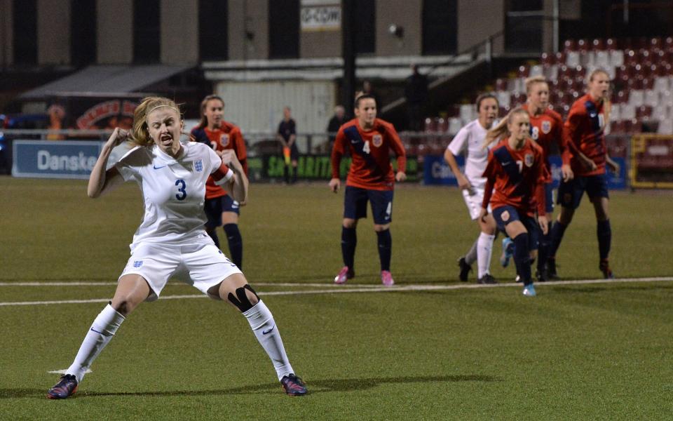 England's Leah Williamson  scores from a retaken last-minute penalty, from a game five days earlier
