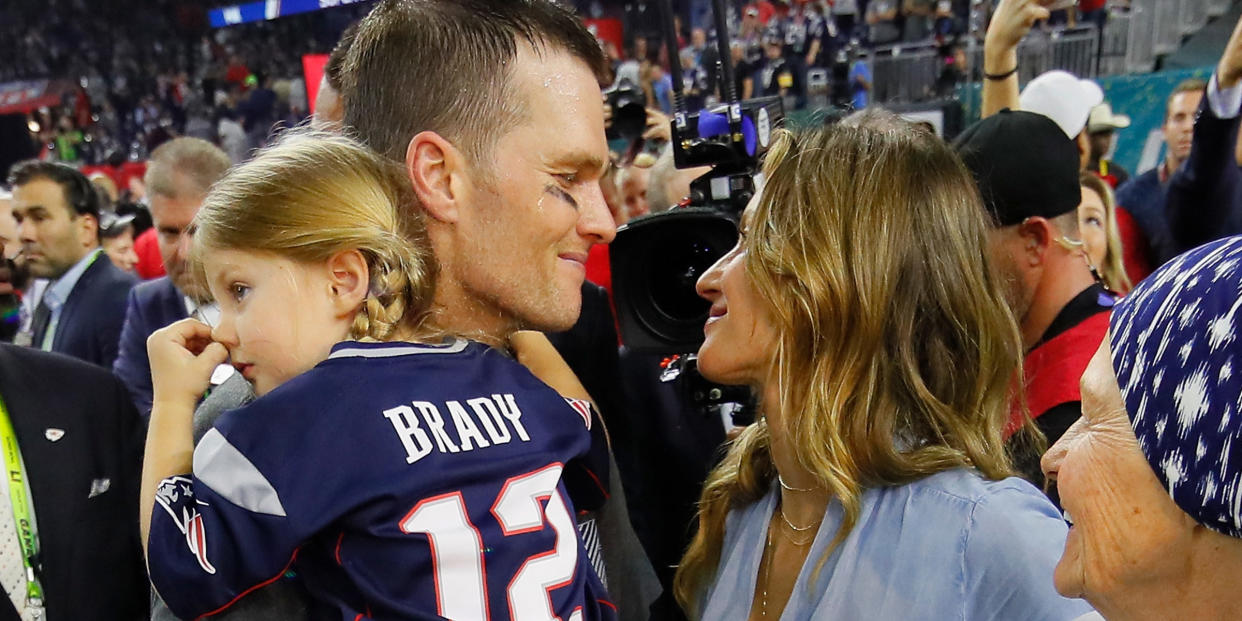 Tom Brady celebrates with Gisele Bundchen and daughter Vivian after he and the New England Patriots defeated the Atlanta Falcons during Super Bowl 51 in 2017. (Kevin C. Cox / Getty Images)