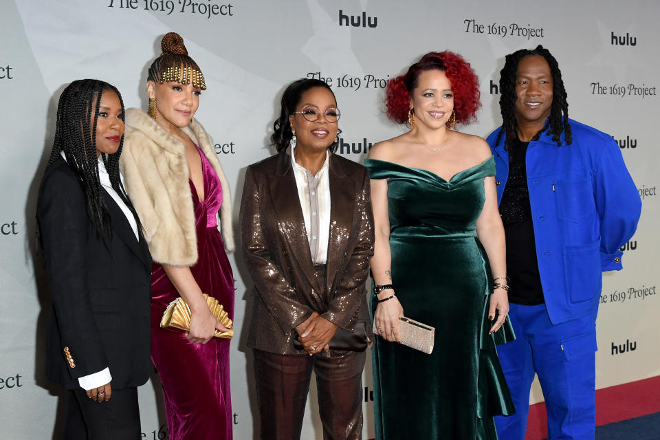 (L-R) Tara Duncan, Shoshana Guy, Oprah Winfrey, Nikole Hannah-Jones, and Roger Ross Williams attend the premiere for Hulu's 'The 1619 Project' at Academy Museum of Motion Pictures on January 26, 2023 in Los Angeles.