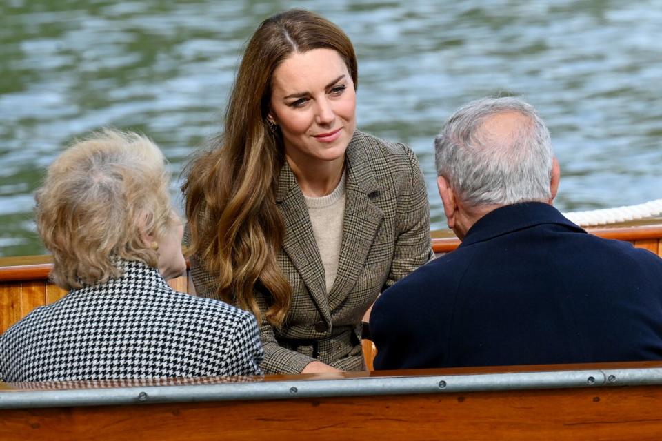 Catherine, Duchess of Cambridge arrives to embark on a boat trip on Lake Windermere