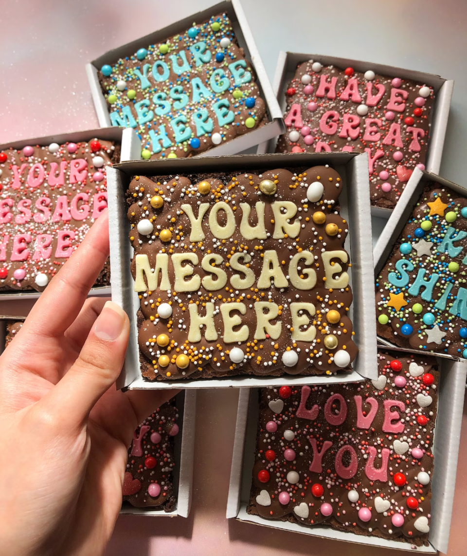 Personalised brownie slab (TheHappinessBakery/Etsy)