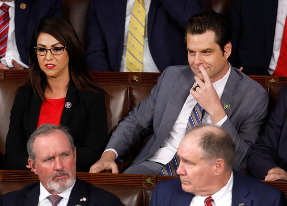 U.S. Rep. Lauren Boebert (R-FL) (L) and Rep. Matt Gaetz (R-FL) sit together as the House of Representatives elects a new Speaker of the House at the U.S. Capitol Building on October 17, 2023 in Washington, DC (Getty Images)