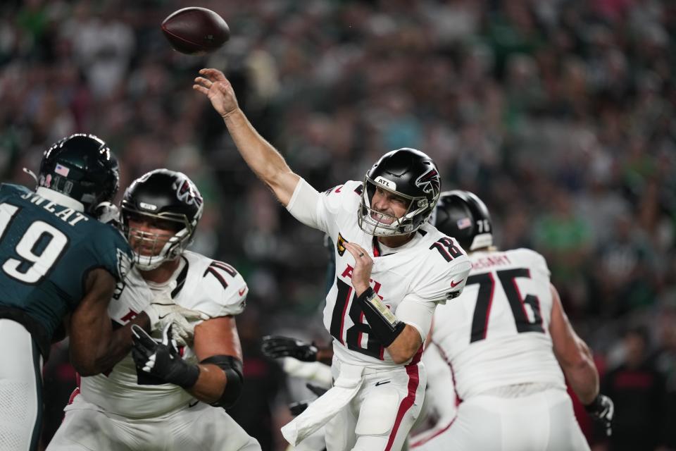 Atlanta Falcons quarterback Kirk Cousins (18) throws during the first half of an NFL football game against the Philadelphia Eagles on Monday, Sept. 16, 2024, in Philadelphia. (AP Photo/Matt Slocum)