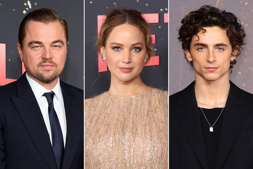 leonardo dicaprio, jennifer lawrence and timothee chalamet