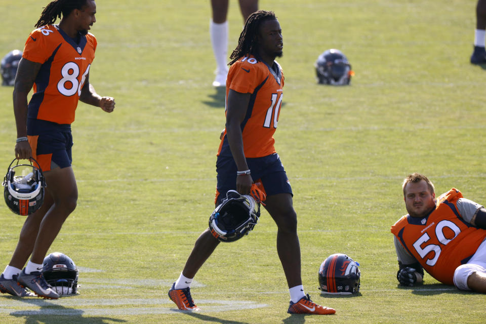 Denver Broncos wide receiver Jerry Jeudy takes part in drills at the team's NFL football training camp Friday, Aug. 14, 2020, in Englewood, Colo. (AP Photo/David Zalubowski)