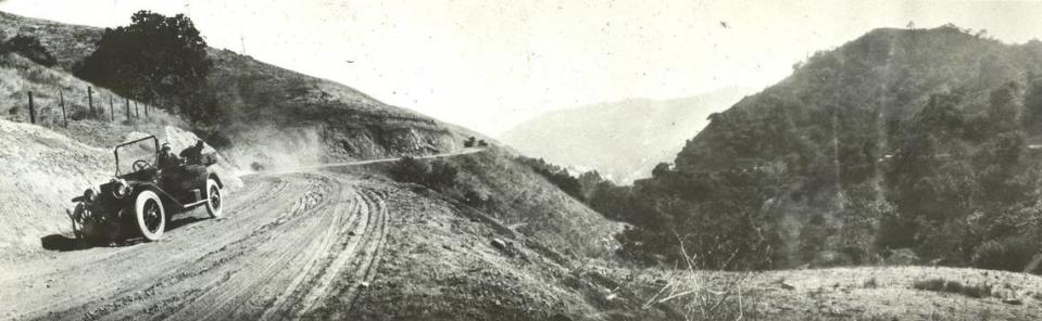 OLD CUESTA ROAD–A photo from the California Division of Highways [now Caltrans] which once reported 71 hazardous curves on the highway north of San Luis Obispo. The dirt road was built to replace Stage Coach Road in 1915 and improved in 1923, the photo is from about 1922.