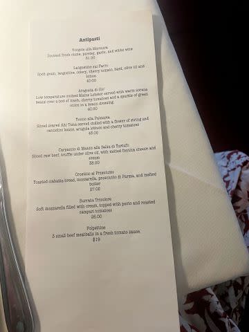 <p>Marissa Charles</p> A snapshot of the menu, which includes a wide antipasti selection, all written in Italian.