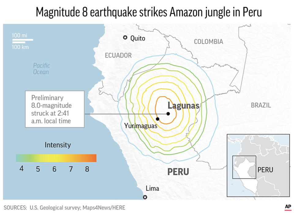 A powerful magnitude 8.0 earthquake has struck the Amazon jungle in north-central Peru,;