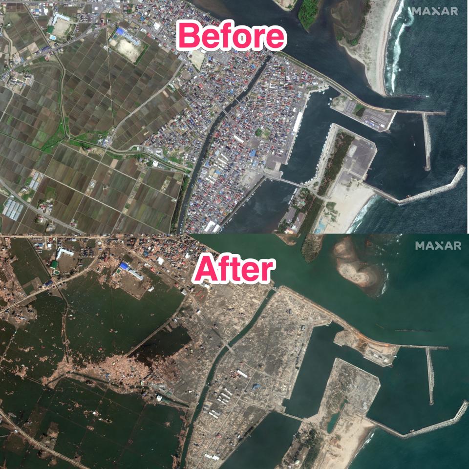 Before and after image of Natori Port after the 2011 tsunami