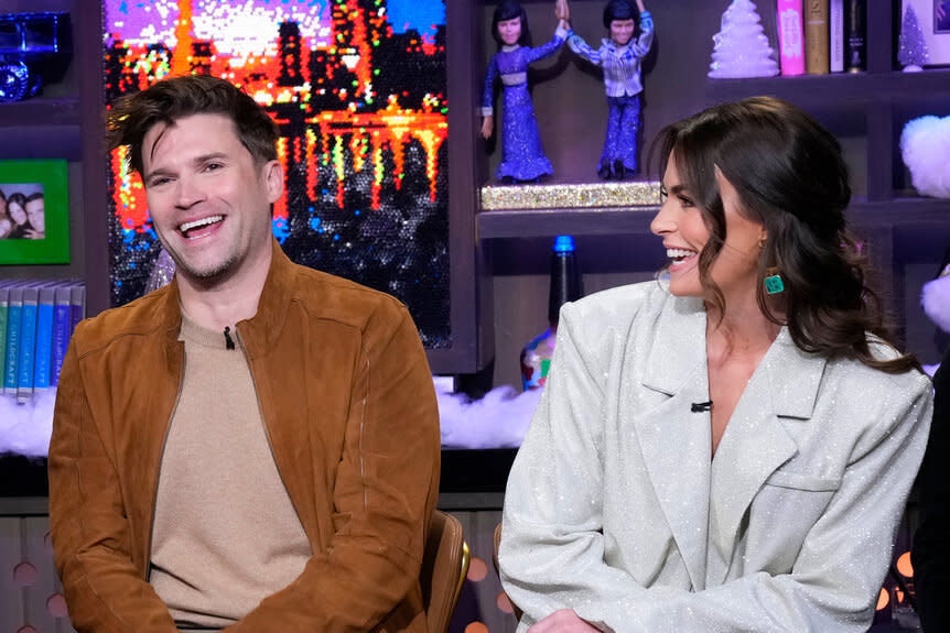 Tom Schwartz and Katie Flood sitting next to each other at the Winter House reunion.