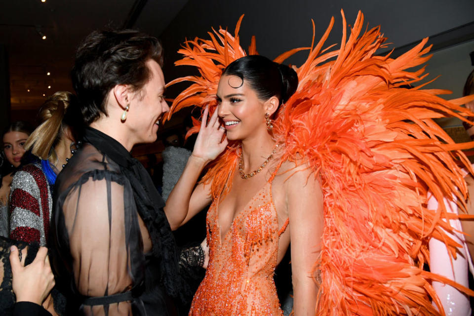 Harry and Kendall talking in fancy outfits at the Met Gala