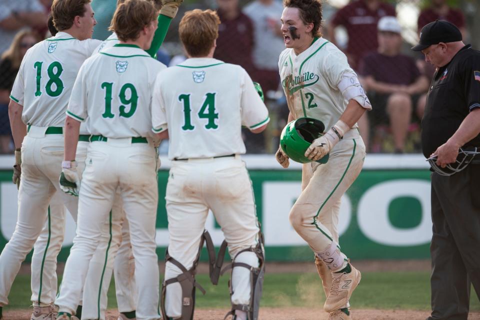 Holtville's Drey Barrett (2) celebrates his grand slam as Holtville takes on Elmore County at Holtville High School in Holtville, Ala., on Friday, April 19, 2024. Holtville defeated Elmore County 14-4 in the first game of the series.