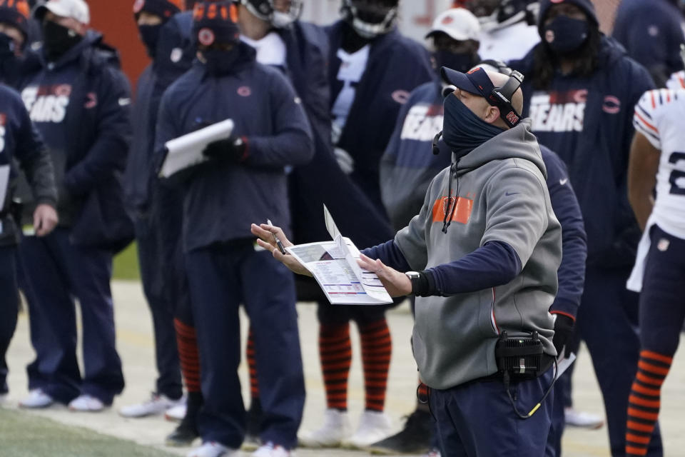 Chicago Bears head coach Matt Nagy give instructions during the second half of an NFL football game against the Houston Texans, Sunday, Dec. 13, 2020, in Chicago. (AP Photo/Nam Y. Huh)