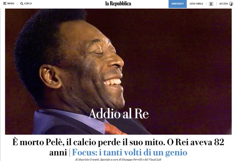 La muerte de Pelé, según La Repubblica