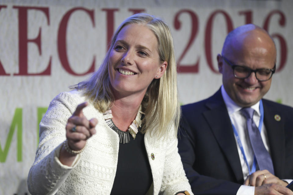 FILE - In this Nov. 17, 2016 file photo, Catherine McKenna, Minister of Environment and Climate Change of Canada, reacts during the launch of the 2050 Pathways Platform, at the COP22 climate change conference, in Marrakech, Morocco. The international effort to fight climate change is about to get injected with a bit of Hollywood flash, a lot of Wall Street green and a considerable dose of cheerleading rather than dry treaty negotiations. Business leaders, mayors, governors and activists from around the world gather Wednesday, Sept. 12, 2018, in San Francisco for the Global Climate Action Summit, where participants will trumpet what they’ve done and announce new efforts to slow a warming world. (AP Photo/Mosa'ab Elshamy, File)