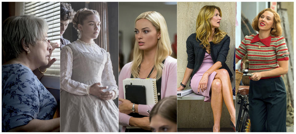 This combination of photos shows best supporting actress Oscar nominees, from left, Kathy Bates in "Richard Jewell," Florence Pugh in "Little Women," Margot Robbie in "Bombshell," Laura Dern in "Marriage Story," and Scarlett Johansson in "Jojo Rabbit." The 92nd Academy Awards will take place Feb. 9 in Los Angeles. (Warner Bros./Sony/Lionsgate/Netflix/Fox Searchlight via AP)