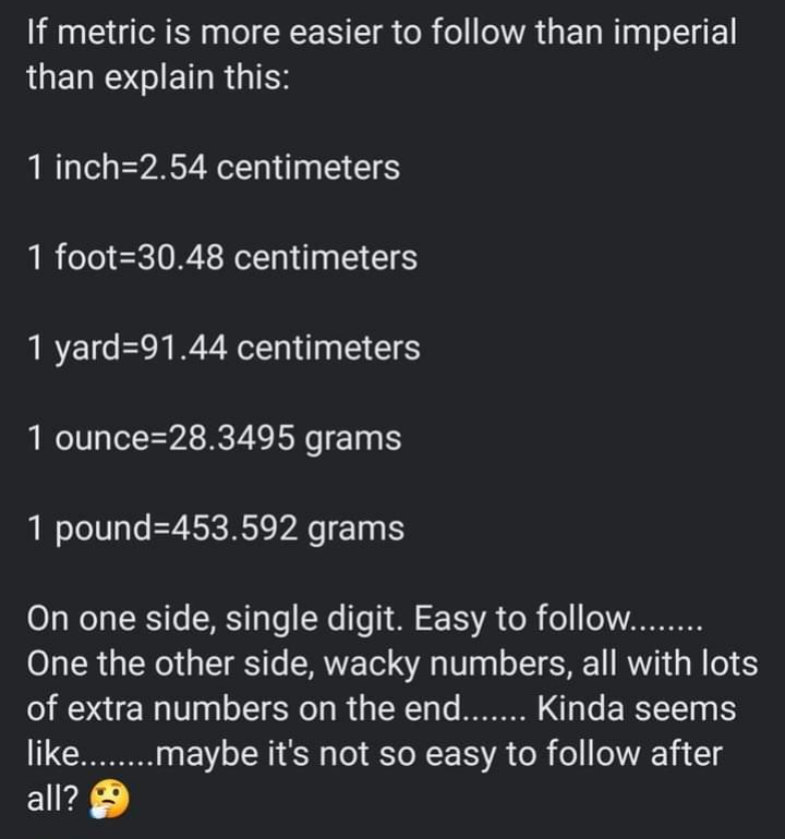 Summary of text: If metric is easier to follow than imperial, explain these conversions. It argues against metric simplicity by showing extra digits in metric conversions