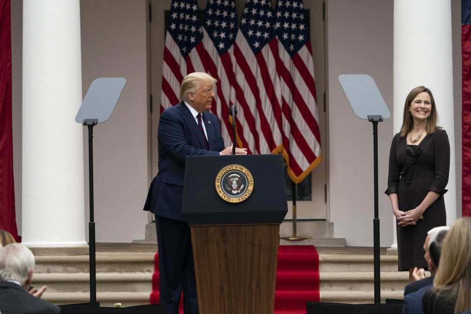 President Donald Trump speaks as he announces Judge Amy Coney Barrett as his nominee to the Supreme Court, in the Rose Garden at the White House, Saturday, Sept. 26, 2020, in Washington. (AP Photo/Alex Brandon)