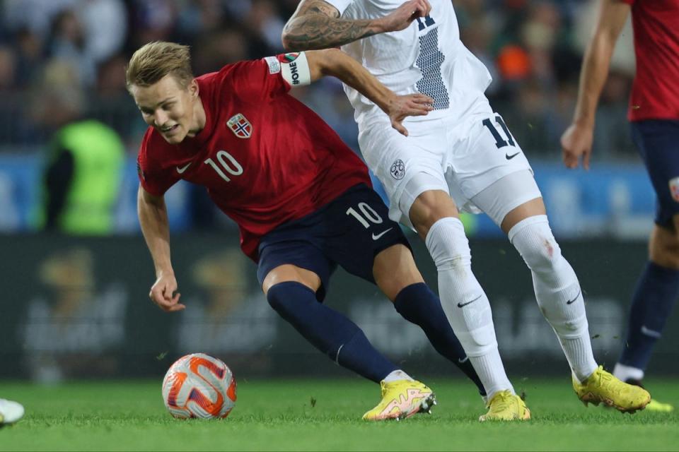 Martin Odegaard played all but 19 minutes of Norway’s defeat by Slovenia on Saturday night (REUTERS)