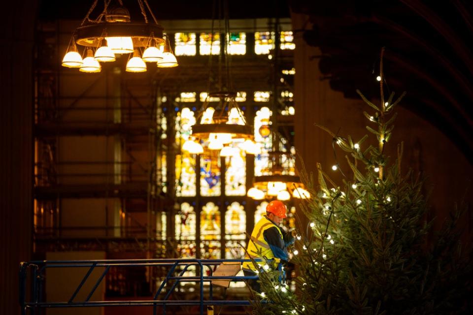 (PA/ Aaron Chown) A workman oversees the placing of Christmas tree at Westminster Hall, at the Houses of Parliament (PA Wire)