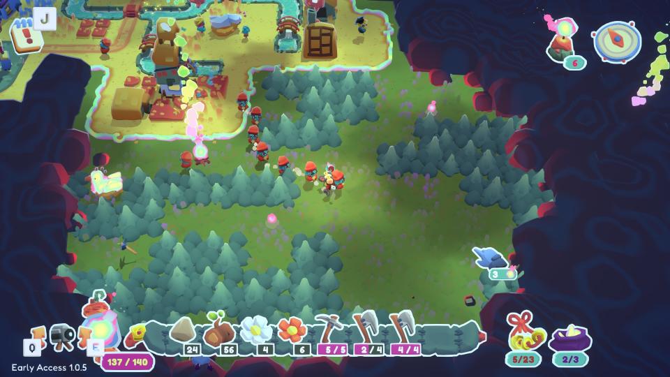 The player character followed by a line of villagers in Into the Emberlands.