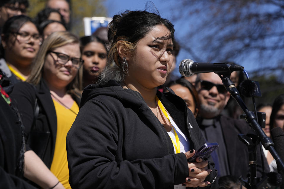 Joanna Maldonado speaks during a news conference of the Tennessee Immigrant and Refugee Rights Coalition outside the state Capitol, Tuesday, March 19, 2024, in Nashville, Tenn. Members of the group came to the state Capitol to lobby legislators to vote against legislation that require local law-enforcement agencies to operate as if they have federal 287(g) agreements and a bill criminalizing transportation of undocumented immigrants. (AP Photo/George Walker IV)