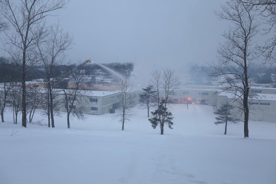 A three-alarm fire destroyed several apartments on Honeysuckle Terrace at the Pines of Perinton in Fairport on January 25, 2022. Firefighters were still battling the fire as the sun rose.  The fire started at approximately 3:30 a.m.