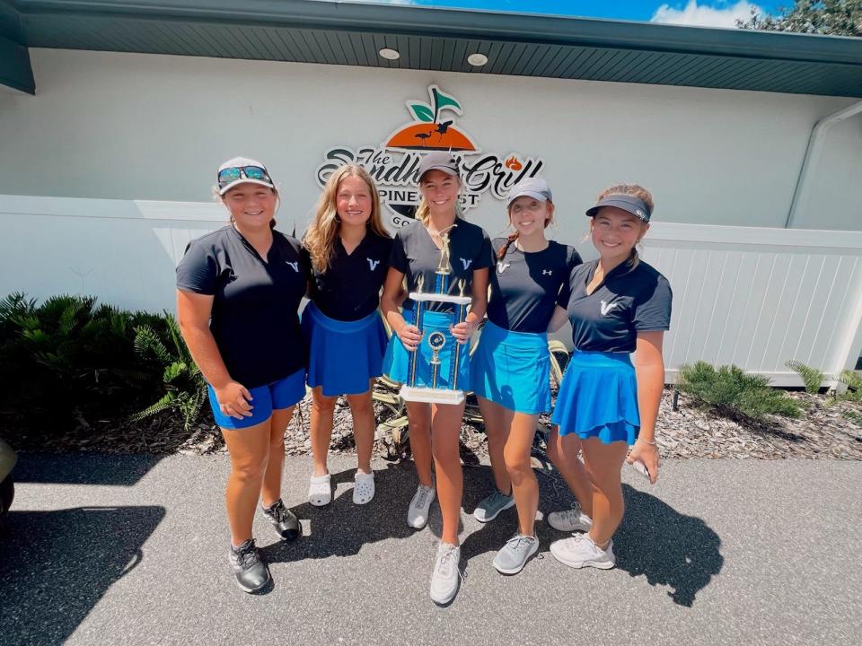 Lakeland Christian girls golf placed second in its flight at Pinecrest on Monday, Sept. 19, 2022. From left to right are ninth-grader Taylor Logan, eighth-grader Amelia Pearce, junior Emilie Morin, junior Lyndsay Greene and ninth-grader Annie Green.