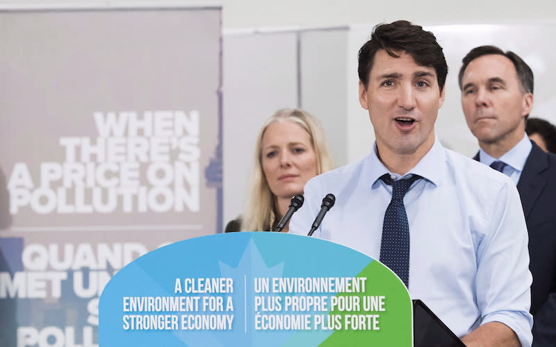 Prime Minister Justin Trudeau addresses a crowd at Humber College in Toronto regarding his government’s new federally-imposed carbon tax on Oct. 23, 2018, which will come into effect in January 2019. Photo from The Canadian Press.