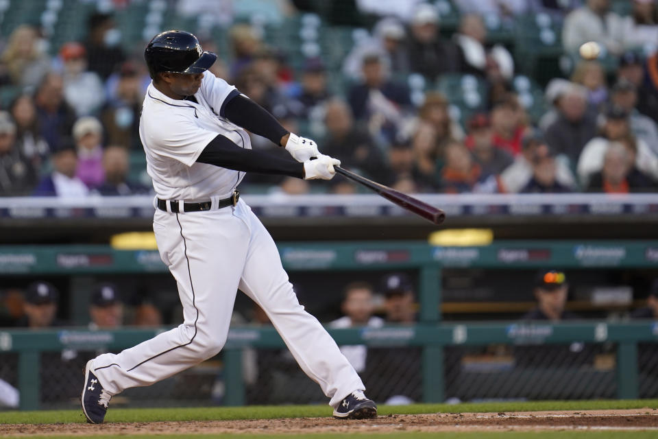 Detroit Tigers' Jonathan Schoop hits a three-run home run against the St. Louis Cardinals in the fourth inning of a baseball game in Detroit, Tuesday, June 22, 2021. (AP Photo/Paul Sancya)