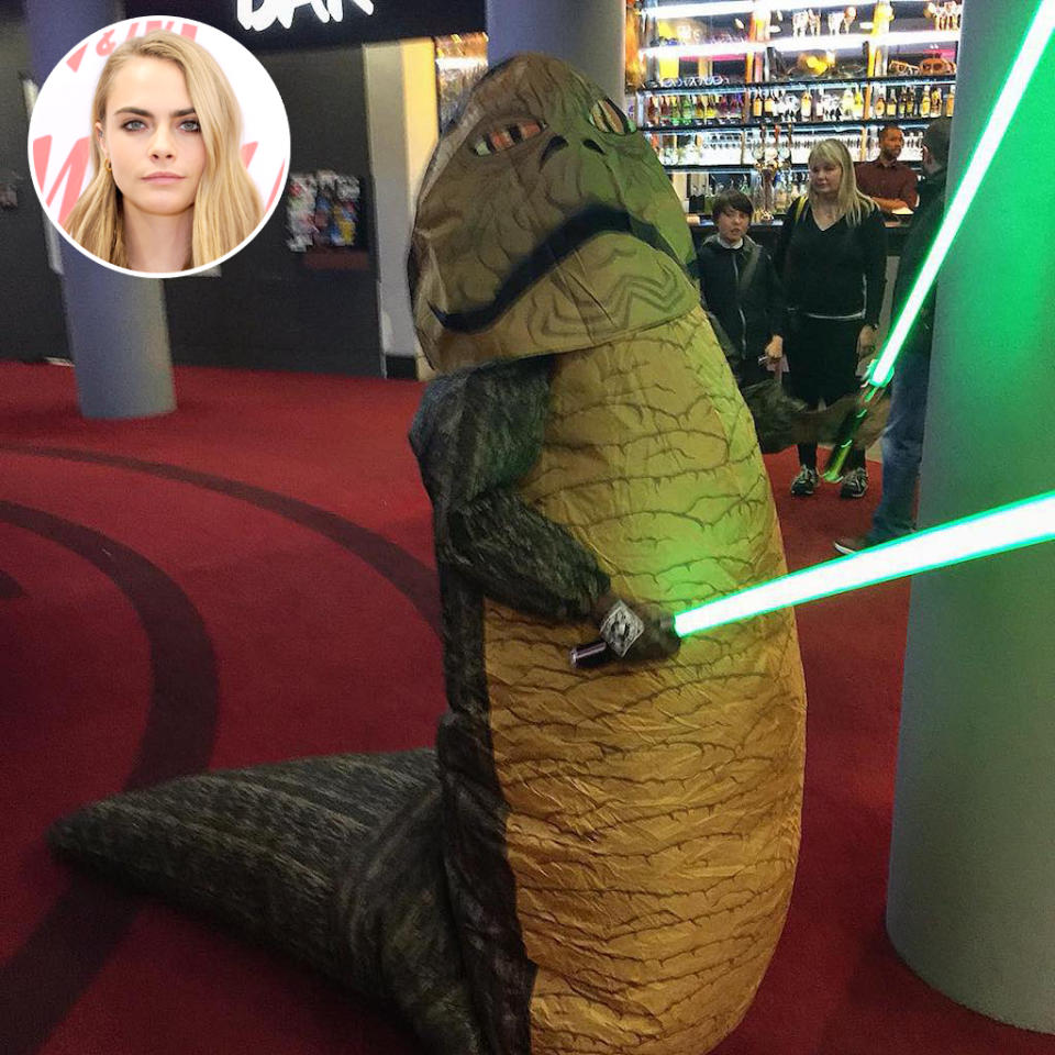 <p>The model trotted out one of her, ah, less conventional looks ‚ call it Jabba the Hut couture — for the <em>Star Wars</em> installment released in December 2015. She explained that she was “<a rel="nofollow noopener" href="https://www.instagram.com/p/_cZPPSjKK-/" target="_blank" data-ylk="slk:watching Star Wars in style.;elm:context_link;itc:0;sec:content-canvas" class="link ">watching <em>Star Wars</em> in style.</a>” (Photo: Cara Delevingne via Instagram/Getty Images) </p>