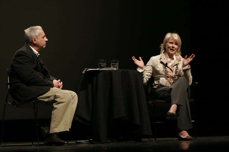 Bill Horrigan interviewing actress Candice Bergen at the Wexner Center in 2005 during a retrospective of the films of her late husband, French director Louis Malle.