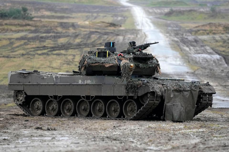 A Leopard 2 tank is seen in action during a visit of German Defense Minister Boris Pistorius at the Bundeswehr tank battalion 203 at the Field Marshal Rommel Barracks in Augustdorf, Germany, Wednesday, on February 1, 2023.