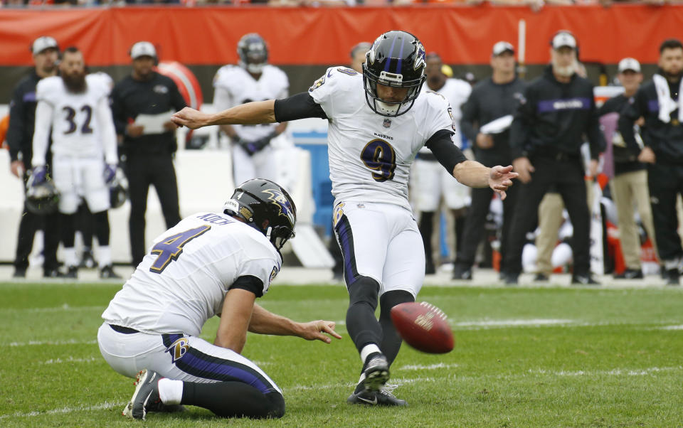 FILE - In this Oct. 7, 2018, file photo, Baltimore Ravens' Justin Tucker kicks a 44-yard field goal during the first half of the team's NFL football game against the Cleveland Browns in Cleveland. Tucker, the most accurate kicker in league history at 90.1 percent, received 92 points in a 10-points-to-one-point system with six of 10 first-place votes from a panel of Associated Press football writers. (AP Photo/Ron Schwane, File)