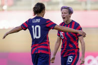 United States' Megan Rapinoe celebrates scoring her side's 2nd goal against Australia in the women's bronze medal soccer match at the 2020 Summer Olympics, Thursday, Aug. 5, 2021, in Kashima, Japon. (AP Photo/Andre Penner)