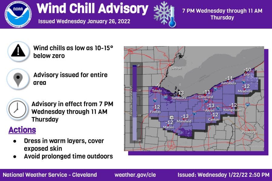 The National Weather Service issued Jan. 26, 2022, this wind chill advisory for 7 p.m Wednesday through 11 a.m. Thursday in Northeast Ohio.