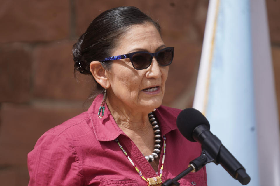 U.S. Interior Secretary Deb Haaland speaks during a news conference following a visit to Bears Ears National Monument Thursday, April 8, 2021, in Blanding, Utah. Haaland is visiting Utah as she prepares to submit a review on national monuments in the state. Residents there have both staunchly supported establishing and increasing the size of national monuments, and fiercely rallied against them. (AP Photo/Rick Bowmer)