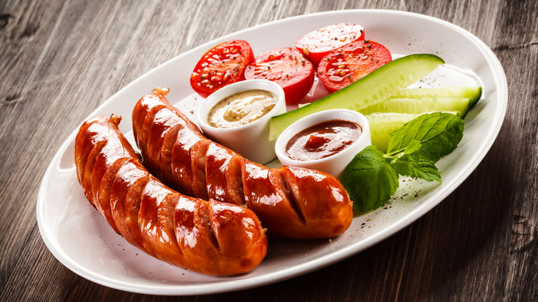 Hasselback sausages on a plate with tomatoes, mustard and pickles