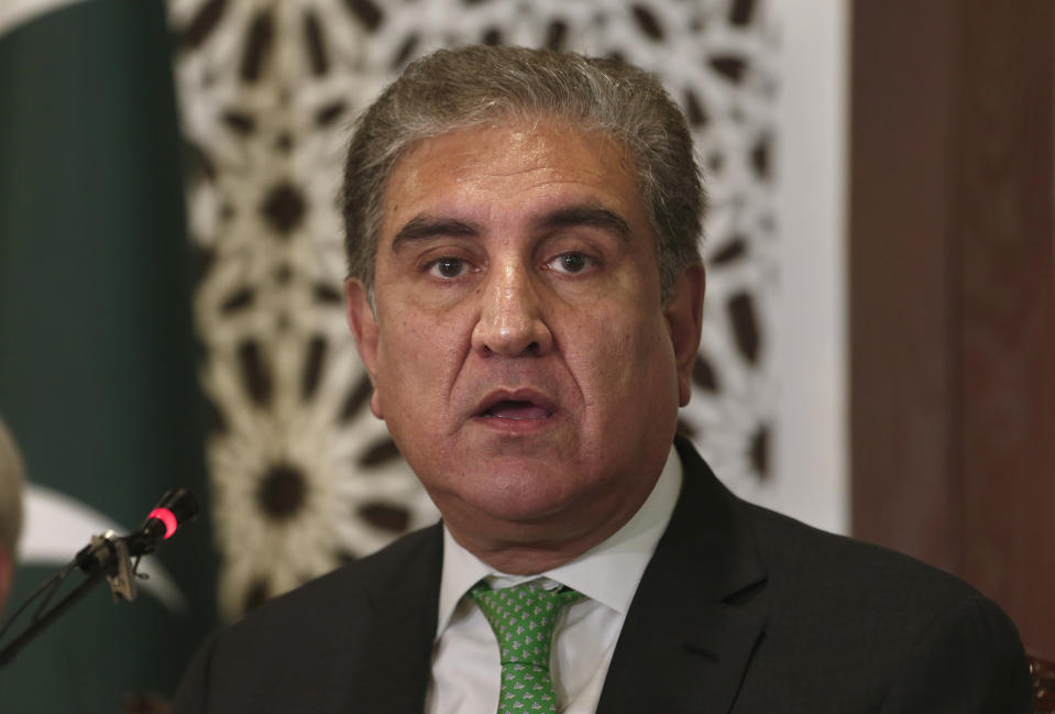 Pakistani Foreign Minister Shah Mahmood Qureshi speaks during a press conference in Islamabad, Pakistan, Saturday, Aug. 17, 2019. Qureshi said the Security Council taking up Kashmir proved that it is an international dispute and not an internal matter of India as New Delhi claimed. He also told reporters in the Pakistani capital that it was possible India could resort to a military misadventure on the disputed border to deviate world's attention from human right violations and the clampdown in occupied Kashmir. (AP Photo/Anjum Naveed)